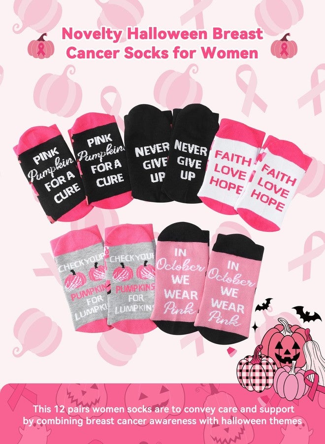Cozypower 12 Pairs Breast Cancer Gift Socks for Women Pink Ribbon Pumpkin Crew Socks with Motivational Text for October Breast Cancer Awareness Month Events - Image 2